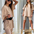 Summer new fashion casual home solid color loose t shirt shorts sports two piece set